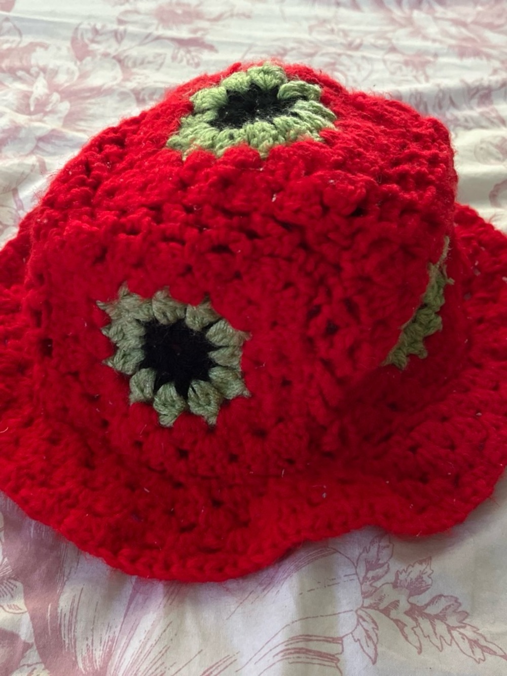 Red Crochet Kids Bucket Hat with Green Floral Accents